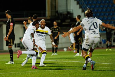 Leo Realpe and Vinicius Sorriso seen celebrating after goal during Liga Portugal game between teams of Casa Pia and FC Famalicao at Estadio Municipal Rio Maior (Maciej Rogowski/Ball Raw Images)