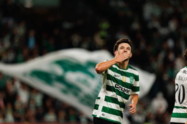 Pedro Goncalves  seen celebrating after scoring goal during Liga Portugal game between teams of Sporting CP and Moreirense FC at Estadio Jose Alvalade (Maciej Rogowski/Ball Raw Images)
