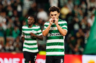 Pedro Goncalves  seen celebrating after scoring goal during Liga Portugal game between teams of Sporting CP and Moreirense FC at Estadio Jose Alvalade (Maciej Rogowski/Ball Raw Images)