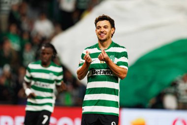 Pedro Goncalves  seen celebrating after scoring goal during Liga Portugal game between teams of Sporting CP and Moreirense FC at Estadio Jose Alvalade (Maciej Rogowski/Ball Raw Images)