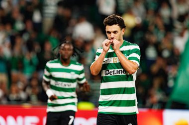 Pedro Goncalves  seen celebrating after scoring goal during Liga Portugal game between teams of Sporting CP and Moreirense FC at Estadio Jose Alvalade (Maciej Rogowski/Ball Raw Images)
