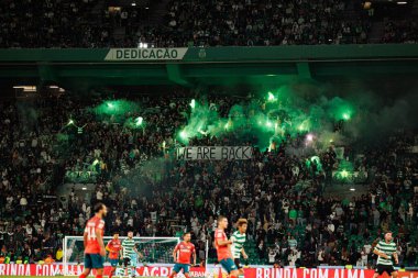 Fans of Sporting with pyrotechnics  seen during Liga Portugal game between teams of Sporting CP and Moreirense FC at Estadio Jose Alvalade (Maciej Rogowski/Ball Raw Images)