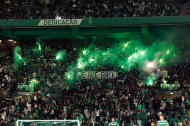 Fans of Sporting with pyrotechnics  seen during Liga Portugal game between teams of Sporting CP and Moreirense FC at Estadio Jose Alvalade (Maciej Rogowski/Ball Raw Images)