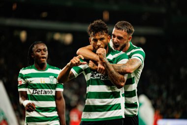 Luis Suarez and Zeno Debast seen celebrating after goal during Liga Portugal game between teams of Sporting CP and Moreirense FC at Estadio Jose Alvalade (Maciej Rogowski/Ball Raw Images) 
