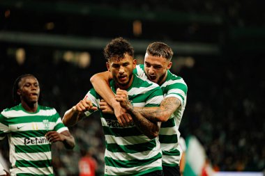 Luis Suarez and Zeno Debast seen celebrating after goal during Liga Portugal game between teams of Sporting CP and Moreirense FC at Estadio Jose Alvalade (Maciej Rogowski/Ball Raw Images) 