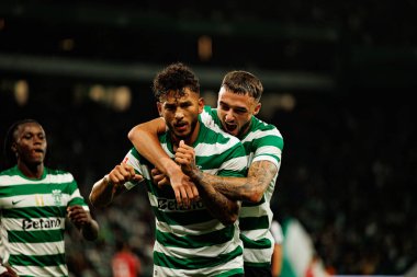Luis Suarez and Zeno Debast seen celebrating after goal during Liga Portugal game between teams of Sporting CP and Moreirense FC at Estadio Jose Alvalade (Maciej Rogowski/Ball Raw Images) 
