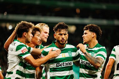 Players of Sporting   seen celebrating after goal from Luis Suarez during Liga Portugal game between teams of Sporting CP and Moreirense FC at Estadio Jose Alvalade (Maciej Rogowski/Ball Raw Images)