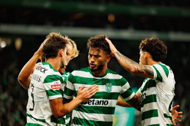 Players of Sporting   seen celebrating after goal from Luis Suarez during Liga Portugal game between teams of Sporting CP and Moreirense FC at Estadio Jose Alvalade (Maciej Rogowski/Ball Raw Images)