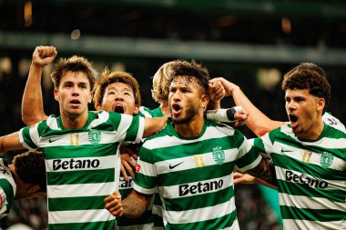 Players of Sporting   seen celebrating after goal from Luis Suarez during Liga Portugal game between teams of Sporting CP and Moreirense FC at Estadio Jose Alvalade (Maciej Rogowski/Ball Raw Images)