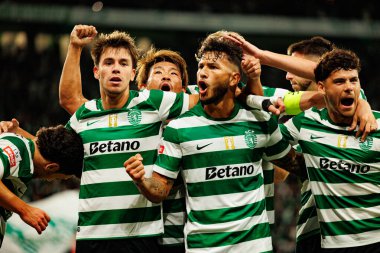 Players of Sporting   seen celebrating after goal from Luis Suarez during Liga Portugal game between teams of Sporting CP and Moreirense FC at Estadio Jose Alvalade (Maciej Rogowski/Ball Raw Images)