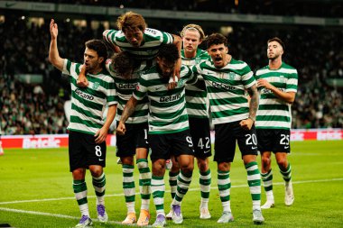 Players of Sporting   seen celebrating after goal from Luis Suarez during Liga Portugal game between teams of Sporting CP and Moreirense FC at Estadio Jose Alvalade (Maciej Rogowski/Ball Raw Images)