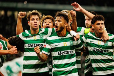 Players of Sporting   seen celebrating after goal from Luis Suarez during Liga Portugal game between teams of Sporting CP and Moreirense FC at Estadio Jose Alvalade (Maciej Rogowski/Ball Raw Images)
