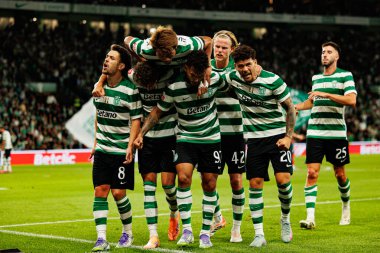 Players of Sporting   seen celebrating after goal from Luis Suarez during Liga Portugal game between teams of Sporting CP and Moreirense FC at Estadio Jose Alvalade (Maciej Rogowski/Ball Raw Images)