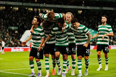 Players of Sporting   seen celebrating after goal from Luis Suarez during Liga Portugal game between teams of Sporting CP and Moreirense FC at Estadio Jose Alvalade (Maciej Rogowski/Ball Raw Images)