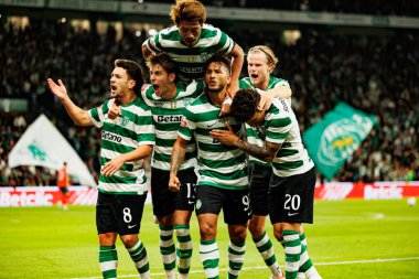 Players of Sporting   seen celebrating after goal from Luis Suarez during Liga Portugal game between teams of Sporting CP and Moreirense FC at Estadio Jose Alvalade (Maciej Rogowski/Ball Raw Images)