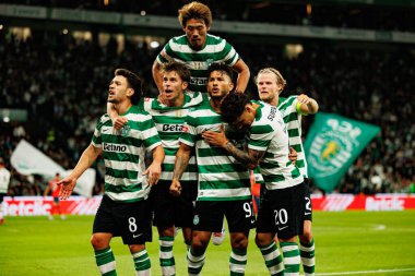 Players of Sporting   seen celebrating after goal from Luis Suarez during Liga Portugal game between teams of Sporting CP and Moreirense FC at Estadio Jose Alvalade (Maciej Rogowski/Ball Raw Images)