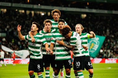 Players of Sporting   seen celebrating after goal from Luis Suarez during Liga Portugal game between teams of Sporting CP and Moreirense FC at Estadio Jose Alvalade (Maciej Rogowski/Ball Raw Images)