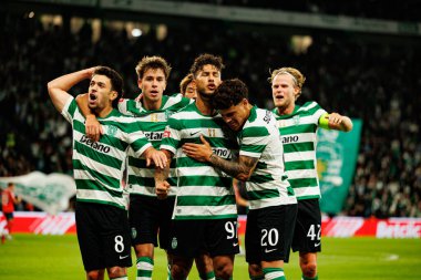 Players of Sporting   seen celebrating after goal from Luis Suarez during Liga Portugal game between teams of Sporting CP and Moreirense FC at Estadio Jose Alvalade (Maciej Rogowski/Ball Raw Images)