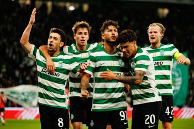 Players of Sporting   seen celebrating after goal from Luis Suarez during Liga Portugal game between teams of Sporting CP and Moreirense FC at Estadio Jose Alvalade (Maciej Rogowski/Ball Raw Images)