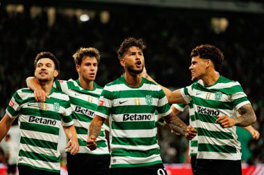 Players of Sporting   seen celebrating after goal from Luis Suarez during Liga Portugal game between teams of Sporting CP and Moreirense FC at Estadio Jose Alvalade (Maciej Rogowski/Ball Raw Images)
