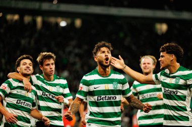 Players of Sporting   seen celebrating after goal from Luis Suarez during Liga Portugal game between teams of Sporting CP and Moreirense FC at Estadio Jose Alvalade (Maciej Rogowski/Ball Raw Images)