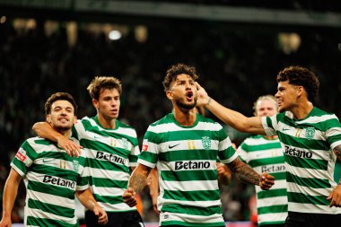 Players of Sporting   seen celebrating after goal from Luis Suarez during Liga Portugal game between teams of Sporting CP and Moreirense FC at Estadio Jose Alvalade (Maciej Rogowski/Ball Raw Images)