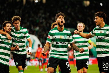 Players of Sporting   seen celebrating after goal from Luis Suarez during Liga Portugal game between teams of Sporting CP and Moreirense FC at Estadio Jose Alvalade (Maciej Rogowski/Ball Raw Images)