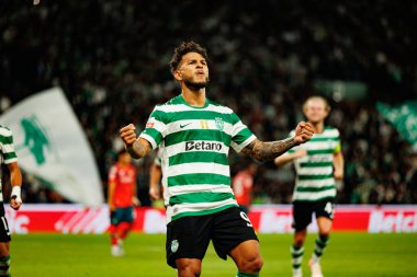 Luis Suarez  seen celebrating after scoring goal during Liga Portugal game between teams of Sporting CP and Moreirense FC at Estadio Jose Alvalade (Maciej Rogowski/Ball Raw Images)