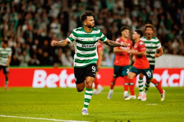 Luis Suarez  seen celebrating after scoring goal during Liga Portugal game between teams of Sporting CP and Moreirense FC at Estadio Jose Alvalade (Maciej Rogowski/Ball Raw Images)