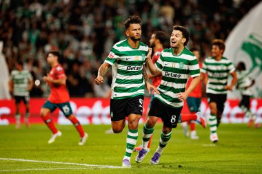 Luis Suarez and Pedro Goncalves  seen celebrating after scoring goal during Liga Portugal game between teams of Sporting CP and Moreirense FC at Estadio Jose Alvalade (Maciej Rogowski/Ball Raw Images)