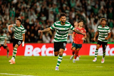 Luis Suarez  seen celebrating after scoring goal during Liga Portugal game between teams of Sporting CP and Moreirense FC at Estadio Jose Alvalade (Maciej Rogowski/Ball Raw Images)
