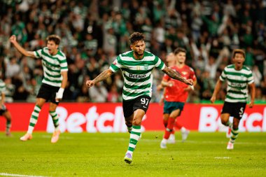 Luis Suarez  seen celebrating after scoring goal during Liga Portugal game between teams of Sporting CP and Moreirense FC at Estadio Jose Alvalade (Maciej Rogowski/Ball Raw Images)