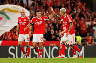  Georgiy Sudakov  and Enzo Barrenechea seen celebrating after scoring goal during Liga Portugal game between SL Benfica and Rio Ave FC (Ball Raw Images/ Maciej Rogowski)