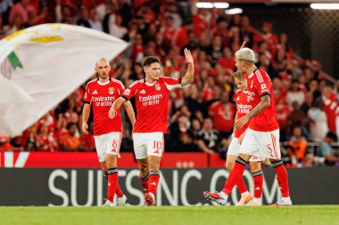  Georgiy Sudakov  and Enzo Barrenechea seen celebrating after scoring goal during Liga Portugal game between SL Benfica and Rio Ave FC (Ball Raw Images/ Maciej Rogowski)