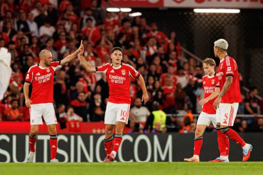 Fredrik Aursnes and Georgiy Sudakov seen celebrating after scoring goal during Liga Portugal game between SL Benfica and Rio Ave FC (Ball Raw Images/ Maciej Rogowski)