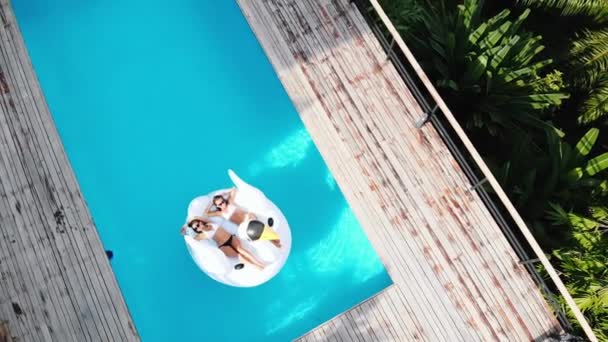 AÉRIAL. Vue de dessus de deux jeunes belles femmes couchées sur un matelas gonflable de cygne à la villa paradise junge. — Video