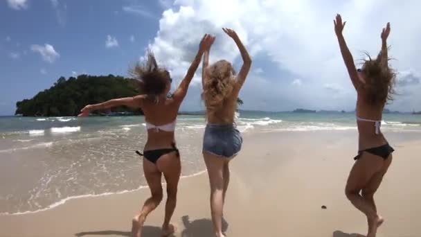 四群快乐的女孩奔跑和跳跃反对日落海海滩。热带度假概念 — 图库视频影像