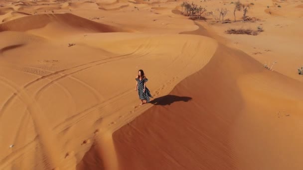 Luchtvaartmaatschappij. Vrouw gedragen in lange jurk wandelen in de woestijn duinen van Dubai met voetstappen in het zand bij zonsondergang — Stockvideo