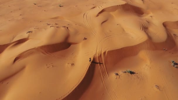 AERIAL. Mulher vestida em vestido longo andando nas dunas de areia do deserto do Dubai com passos na areia durante o pôr do sol — Vídeo de Stock