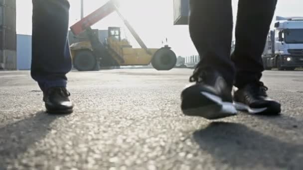 Dois engenheiros usando chapéus duros conversando juntos enquanto caminhavam em um grande inventário de rastreamento de doca de transporte comercial — Vídeo de Stock
