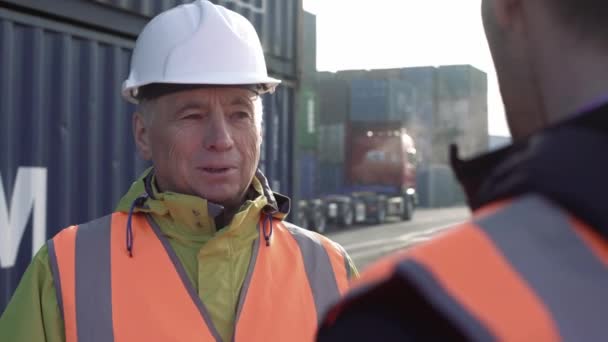 Portrait d'un adulte spécialiste du chapeau blanc explorant le travail pour le jeune employeur au quai . — Video