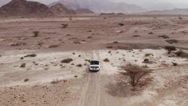 AERIAL. Camera following white sport cabriolet car at the desert. — Stock Video