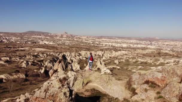 Antenne. junge Frau, die morgens die Hände auf den Berg hebt. Reisender mit rotem Rucksack steht morgens auf dem Berg. — Stockvideo