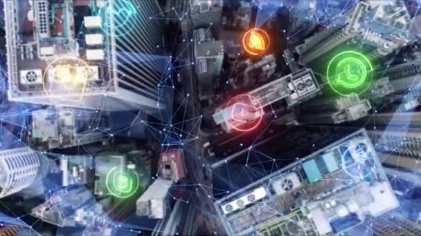 Luchtfoto van zakenvrouw tegen nacht stadsbeeld werken met sociale verbinding media concept — Stockvideo
