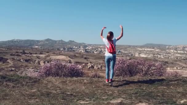 Hermosa joven con mochila roja levantando las manos y mirando al paisaje turco y al globo aerostático. Flores púrpuras al aire libre — Vídeo de stock