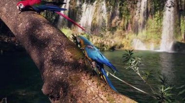 Ormanda tahta üzerinde iki papağan. Yeşil habitatta iki güzel papağan. Kayanın üzerinde oturan iki kuş. Tropikal doğadan vahşi yaşam sahnesi.