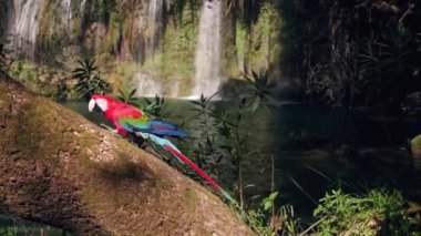 Ormanda tahtaüzerinde kırmızı papağan. Tropikal doğadan vahşi yaşam sahnesi.