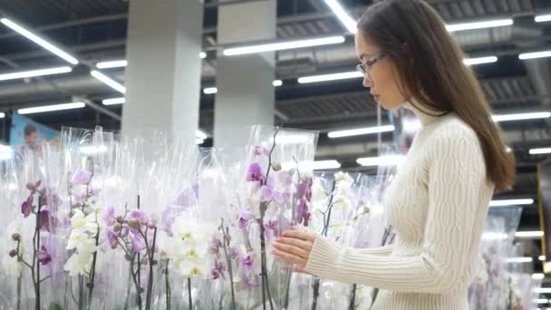 Mujer asiática joven eligiendo flor de orquídea en el supermercado. Compras, consumismo y concepto de personas . — Vídeos de Stock