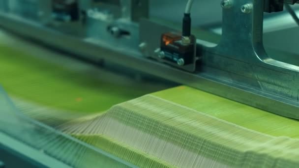 Printed sheets of packaging are moving on the line. Printing house. Close up. — Stock Video