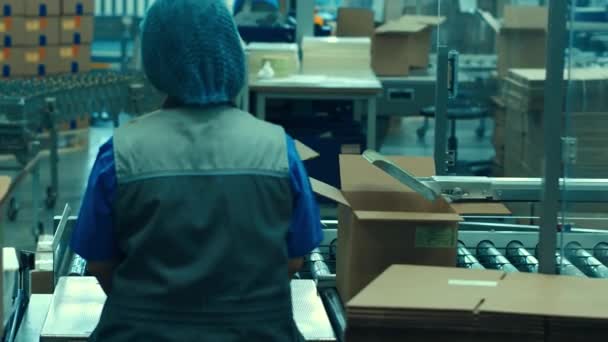 Postai válogatás iroda munkás Woman tedd kartondobozok a Belt szállítószalag. — Stock videók
